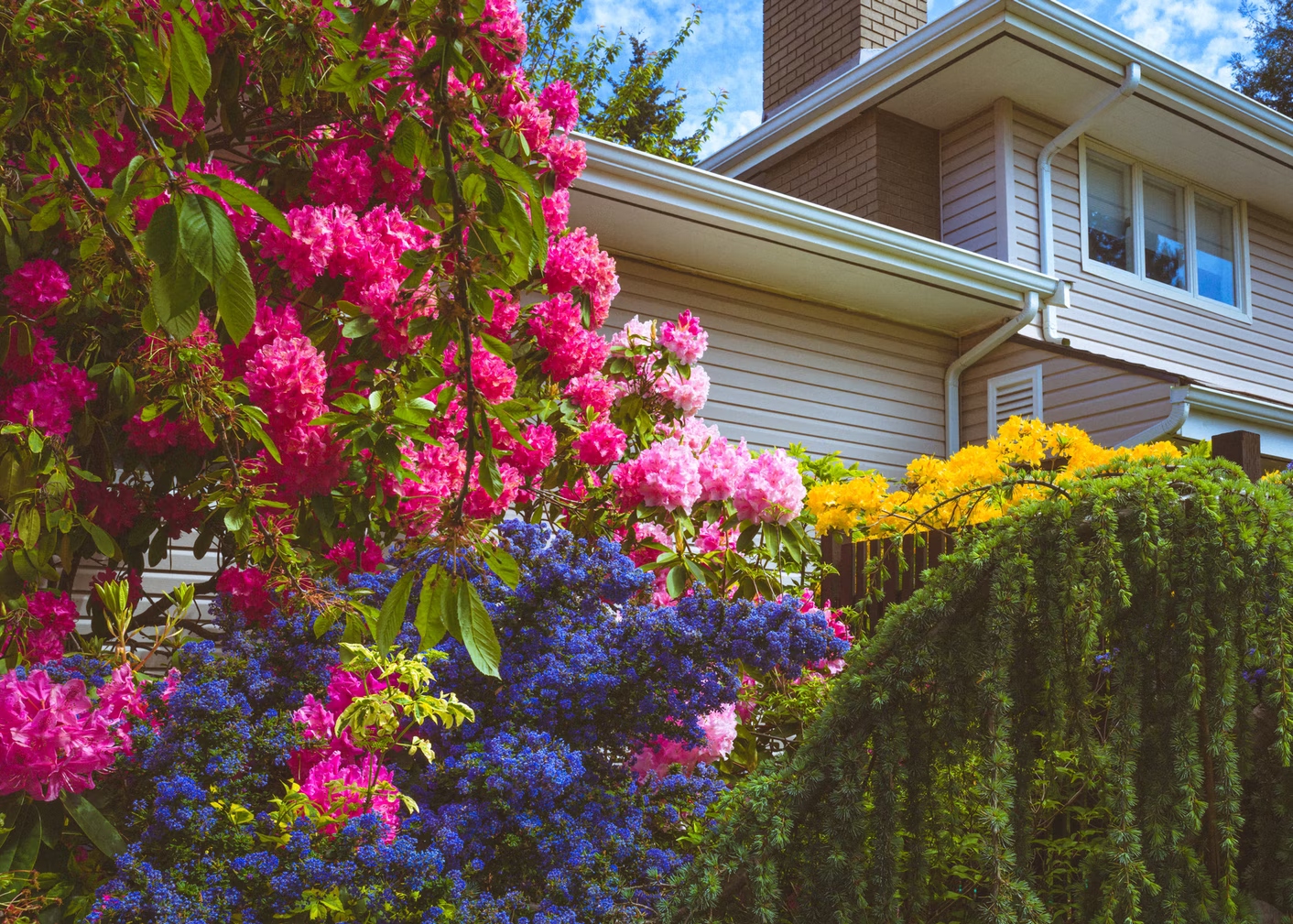 A flower-filled garden in front of a house.